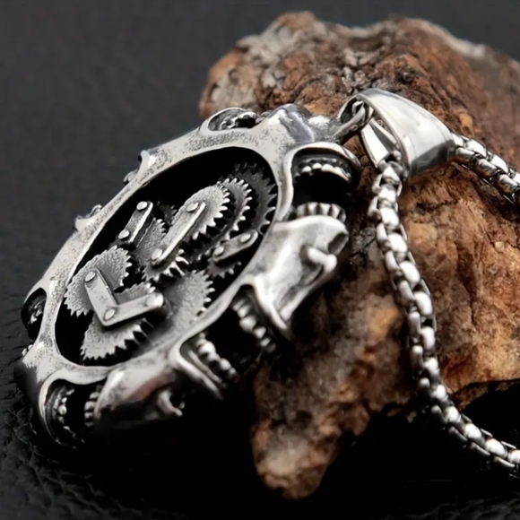 New! MEN'S Steampunk Goth Mechanical Skull Pendant Necklace. - Picture 4 of 7